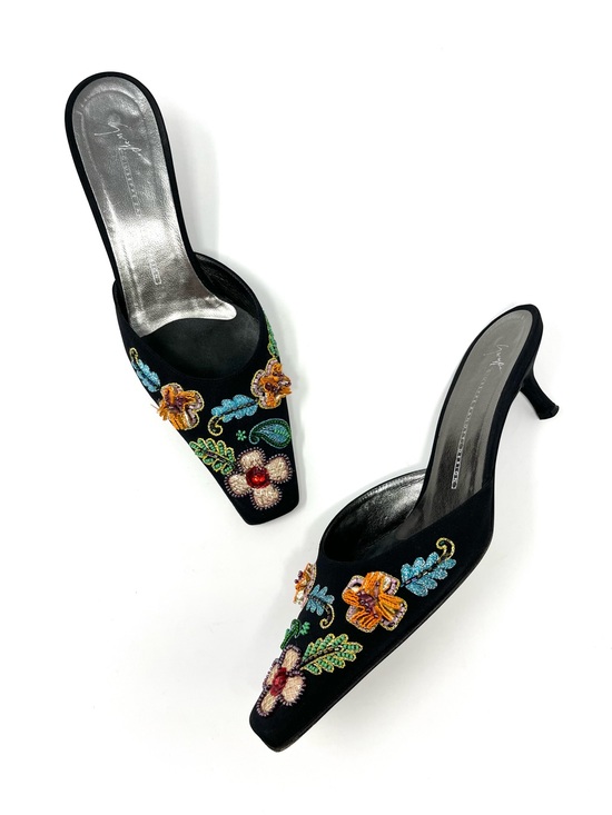 Giuseppe Zanotti Shoes - Vintage Giuseppe Zanotti Y2K Black Satin Beaded Flower Mules Kitten Heels 7.5